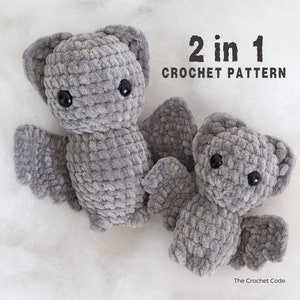 May include: Two crocheted gray bat plushies, one larger than the other, with black eyes. The text "2 in 1 CROCHET PATTERN" is above the plushies.