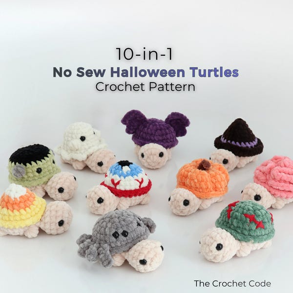 No-Sew Mini Halloween Turtle Crochet Pattern Bundle - Beginner Amigurumi Turtle Desk Buddy Plushie - PDF