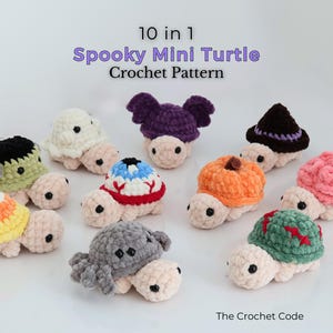 May include: A collection of ten small crocheted turtles with various Halloween-themed shells, including a ghost, pumpkin, spider, and witch hat. The text 10 in 1 Spooky Mini Turtle Crochet Pattern and The Crochet Code are visible in the image.