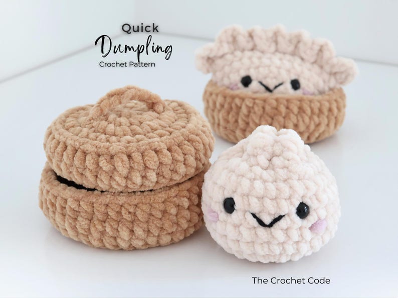 May include: A crochet pattern titled Quick Dumpling Crochet Pattern featuring a tan lidded basket, a tan dumpling with a ruffled top, and a round cream-colored dumpling with black eyes and pink cheeks, labeled with The Crochet Code at the bottom.