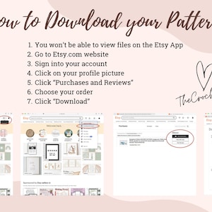 K&ouml;nnte beinhalten: Ein Screenshot eines Webbrowsers, der Anweisungen zum Herunterladen eines digitalen Musters von Etsy.com zeigt. Die Anweisungen umfassen Schritte wie die Anmeldung bei Ihrem Konto, das Klicken auf Ihr Profilbild und die Auswahl Ihrer Bestellung. Der Text "The Crochet Code" ist ebenfalls im Bild zu sehen.