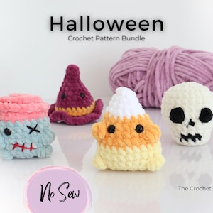May include: A collection of handmade crochet Halloween figures, including a zombie, witch's hat, candy corn, and skull. The figures are in shades of blue, pink, orange, yellow, and white. A skein of purple yarn is in the background. The text "Halloween Crochet Pattern Bundle" is at the top.