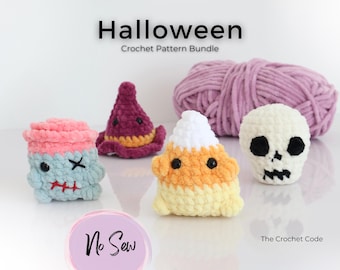 No Sew Halloween Crochet Pattern Bundle – 4 Easy Plushies, Candy Corn, Skull, Zombie, Witch Hat, Quick & Easy Amigurumi PDF Instant Download