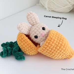 May include: A crocheted bunny peeks out of an orange carrot sleeping bag, with green leaves at the base. The bunny is light pink with black eyes and a pink nose. The text "Carrot Sleeping Bag" is above the carrot.