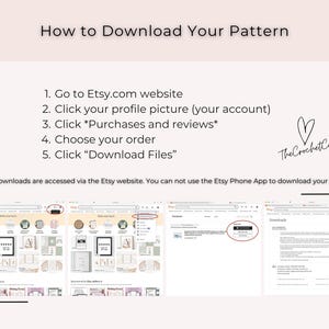 May include: A guide titled "How to Download Your Pattern" with numbered steps for Etsy digital downloads. The steps include visiting Etsy.com, clicking the profile picture, selecting purchases, choosing an order, and downloading files. The Crochet Code logo is also present.