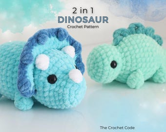 2 in 1 Dinosaur Crochet Pattern – Easy No Sew Triceratops & Stegosaurus Amigurumi Bundle