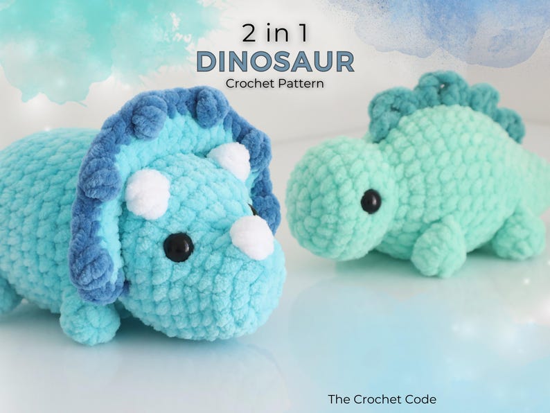 2 in 1 Dinosaur Crochet Pattern – Easy No Sew Triceratops & Stegosaurus Amigurumi Bundle image 1