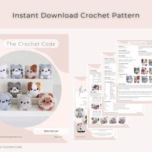 May include: An instant download crochet pattern featuring instructions for creating small, square-shaped cat toys. The image shows several finished toys in various colors, along with pattern pages. The text reads "Instant Download Crochet Pattern" and "The Crochet Code."