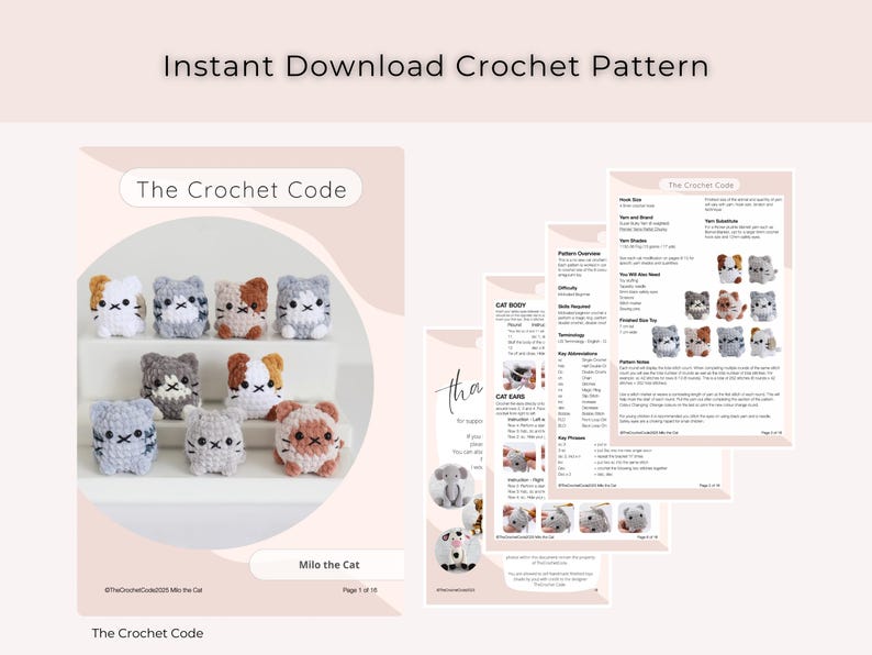 May include: An instant download crochet pattern featuring instructions for creating small, square-shaped cat toys. The image shows several finished toys in various colors, along with pattern pages. The text reads "Instant Download Crochet Pattern" and "The Crochet Code."