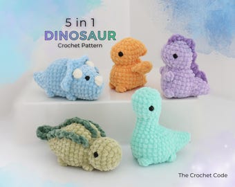 5 in 1 Dinosaur Crochet Pattern Bundle, Mini Amigurumi Dino Toys, Instant Download PDF