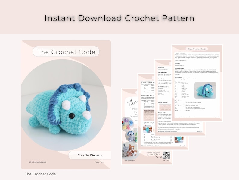 May include: A crochet pattern download featuring a light blue triceratops dinosaur toy. The pattern includes instructions and diagrams. The text "Instant Download Crochet Pattern" and "The Crochet Code" are visible.