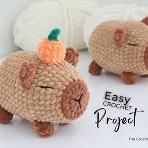 May include: Two crocheted capybaras in shades of brown, one with a small orange pumpkin on its head. The capybaras have small ears and feet. The text "Easy Crochet Project" is visible in the image.