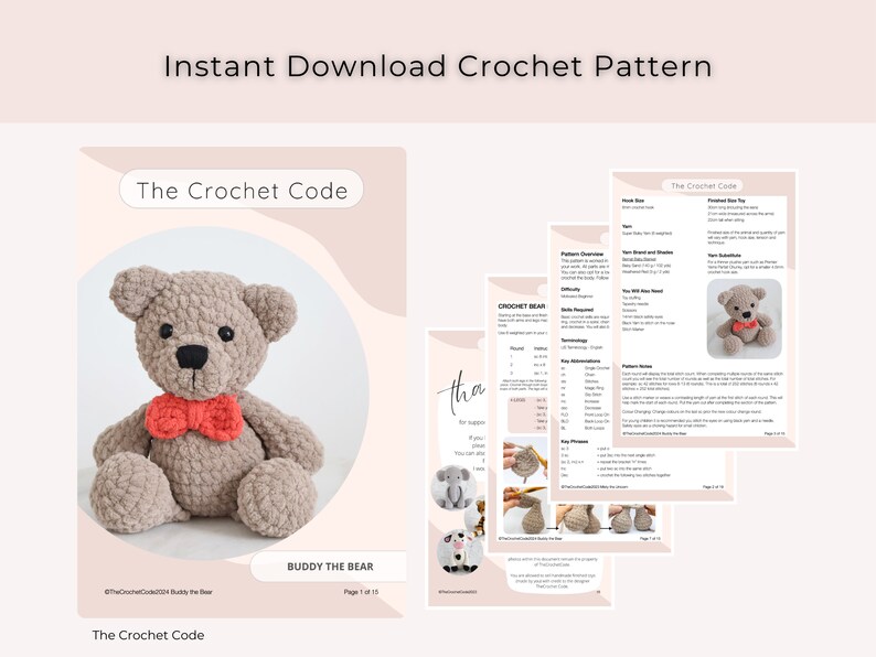 May include: A crochet pattern for a brown teddy bear named Buddy. The pattern includes instructions for crocheting the bear, as well as a photo of the finished product. The pattern is available for instant download.