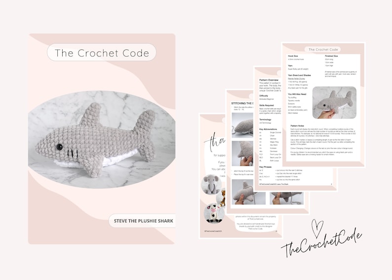 May include: Crochet pattern for a gray plush shark toy named Steve. The pattern includes instructions for crocheting the shark's body, fins, tail, and eyes. The pattern is available for download from The Crochet Code.