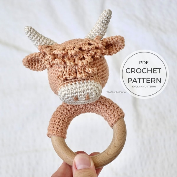 Crochet Pattern - Gus the Highland cow DIY Teething ring baby rattle - Instant pdf download printable recipe tutorial English Us Terminology