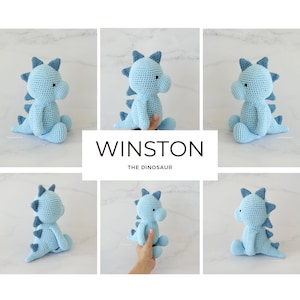 May include: A light blue crocheted dinosaur toy named Winston. The dinosaur is sitting on a white marble surface. The toy has a blue tail and blue spikes on its back.