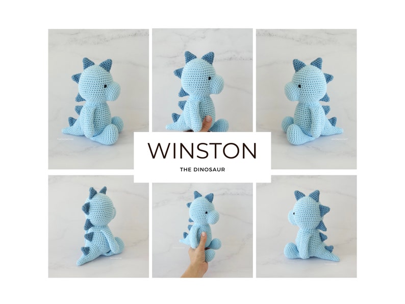 May include: A light blue crocheted dinosaur toy named Winston. The dinosaur is sitting on a white marble surface. The toy has a blue tail and blue spikes on its back.