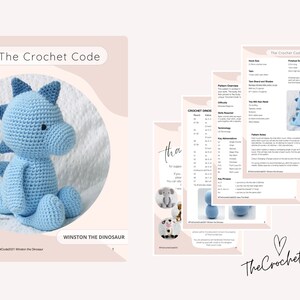 May include: Crochet pattern for a blue dinosaur amigurumi toy named Winston. The pattern includes instructions for crocheting the dinosaur, along with a list of materials needed and a difficulty level.