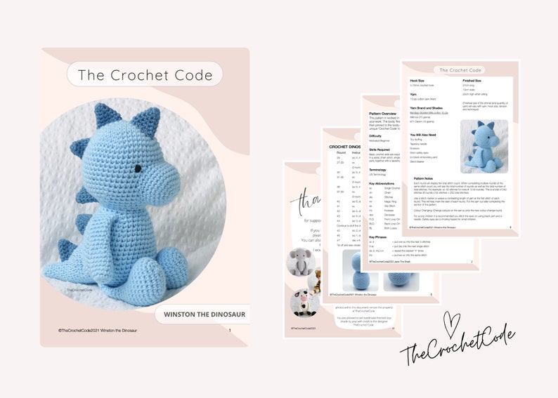 May include: Crochet pattern for a blue dinosaur amigurumi toy named Winston. The pattern includes instructions for crocheting the dinosaur, along with a list of materials needed and a difficulty level.