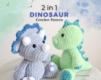 2 in 1 Dinosaur Crochet Pattern Bundle, Amigurumi Dinosaur Pattern, Dino Stuffed Animals, Stegosaurus and Triceratops, Instant Download PDF