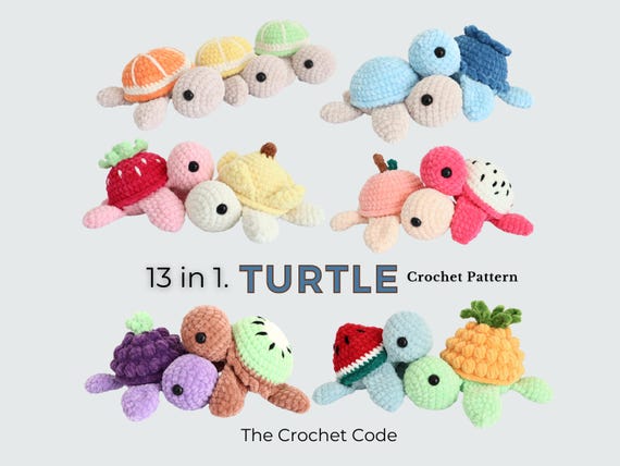13 in 1 Turtle Crochet Pattern Bundle,  No Sew, Amigurumi Turtle Pattern, Cute Fruit Turtles, Crochet Stuffed Animals, Instant Download PDF