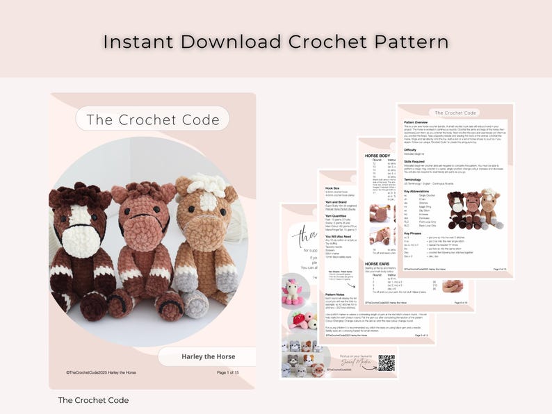 May include: An image of a crochet pattern for a horse, titled "Harley the Horse." The pattern includes instructions and images. Three finished crochet horses are displayed, each with different colors and markings. The text "Instant Download Crochet Pattern" is at the top.