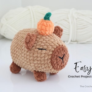 May include: A handmade crochet capybara plushie in shades of brown, with a small orange pumpkin on its head. The plushie has closed eyes and small ears. The text "Easy Crochet Project" is visible.