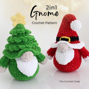 May include: Two crochet gnomes: one shaped like a green Christmas tree with a yellow star, the other a red Santa with a white beard and hat trim. The text reads "2in1 Gnome Crochet Pattern" and "The Crochet Code".