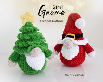 May include: Two crochet gnomes: one shaped like a green Christmas tree with a yellow star, the other a red Santa with a white beard and hat trim. The text reads "2in1 Gnome Crochet Pattern" and "The Crochet Code".