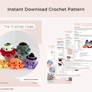 Puede incluir: Un patr&oacute;n de ganchillo de descarga instant&aacute;nea titulado The Crochet Code que incluye instrucciones para cinco peque&ntilde;os pulpos de peluche con temas de Halloween, como un caramelo, una calabaza, una bruja y un monstruo.