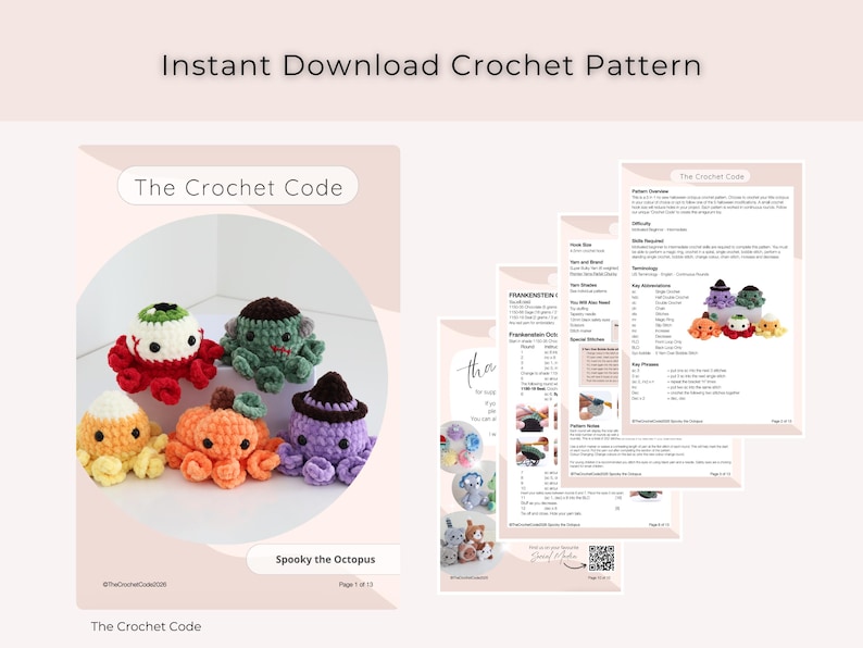 Puede incluir: Un patr&oacute;n de ganchillo de descarga instant&aacute;nea titulado The Crochet Code que incluye instrucciones para cinco peque&ntilde;os pulpos de peluche con temas de Halloween, como un caramelo, una calabaza, una bruja y un monstruo.