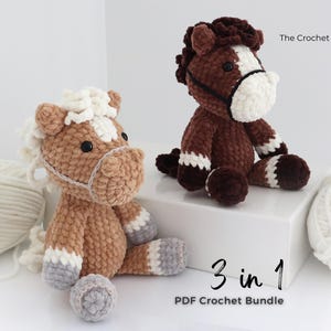 Two handmade crochet horse plushies in shades of brown, tan, and white. One horse is sitting on a white surface, and the other is beside it. The text "The Crochet Code" and "3 in 1 PDF Crochet Bundle" are also visible.