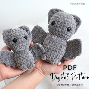 May include: A digital crochet pattern for making two gray plush bats. The pattern is written in US terms and English. The PDF pattern is available for download.