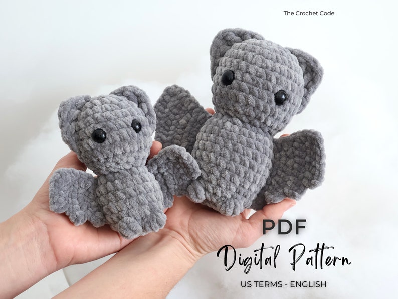 May include: A digital crochet pattern for making two gray plush bats. The pattern is written in US terms and English. The PDF pattern is available for download.