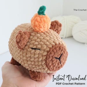 May include: A crocheted capybara plushie in shades of tan and brown, with a small orange pumpkin on its head. The plushie has closed eyes and is shown with the text "The Crochet Code" and "Instant Download PDF Crochet Pattern".