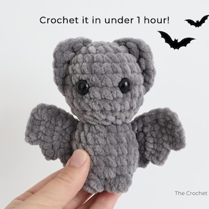 K&ouml;nnte beinhalten: Eine graue geh&auml;kelte Fledermaus mit schwarzen Augen und Fl&uuml;geln wird gehalten. Der Text "Crochet it in under 1 hour!" steht &uuml;ber der Fledermaus. Zwei schwarze Fledermaus-Silhouetten sind im Hintergrund.