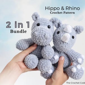 Puede incluir: Un patrón de crochet para un conjunto de juguetes amigurumi de hipopótamo y rinoceronte. El patrón se llama "Hippo & Rhino Crochet Pattern" y está etiquetado como "2 in 1 Bundle".