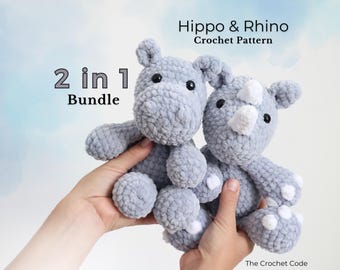 Hippo & Rhino Crochet Pattern Bundle, Low Sew Amigurumi (PDF Pattern)