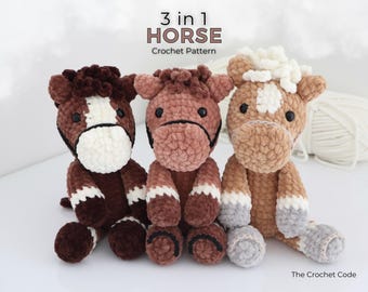 3 in 1 Horse Crochet Pattern Bundle – Year of the Horse Amigurumi – Low Sew, Customisable Plush Pattern (PDF Download)