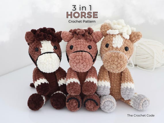3 in 1 Horse Crochet Pattern Bundle – Year of the Horse Amigurumi – Low Sew, Customisable Plush Pattern (PDF Download)
