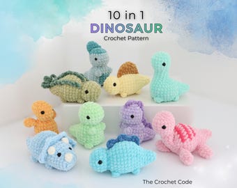 May include: A selection of ten crocheted dinosaur toys in a variety of colours, including blue, green, yellow, orange, purple, and pink. The image includes the text "10 in 1 Dinosaur Crochet Pattern."