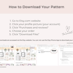 May include: A guide titled "How to Download Your Pattern" with numbered steps and Etsy website screenshots. The steps include navigating the Etsy website, clicking profile picture, purchases, and download files. The CrochetCode logo is also visible.