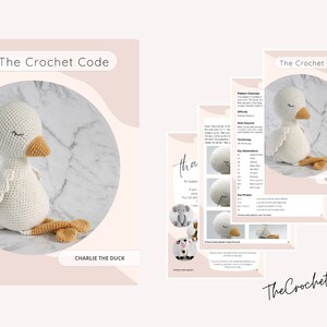 May include: A crochet pattern for a white duck named Charlie. The pattern includes instructions for crocheting the duck's body, head, beak, and feet. The pattern is available for download from The Crochet Code.