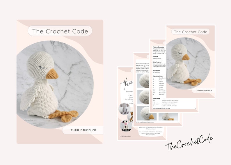 May include: A crochet pattern for a white duck named Charlie. The pattern includes instructions for crocheting the duck's body, head, beak, and feet. The pattern is available for download from The Crochet Code.