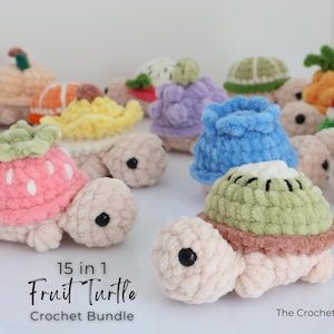 May include: A collection of handmade crochet turtles, each designed to resemble different fruits. The turtles feature various colors, including pink, green, yellow, and orange, with details like strawberry seeds and kiwi slices. The text "15 in 1 Fruit Turtle Crochet Bundle" is visible.