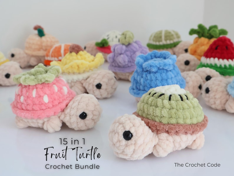 May include: A collection of handmade crochet turtles, each designed to resemble different fruits. The turtles feature various colors, including pink, green, yellow, and orange, with details like strawberry seeds and kiwi slices. The text "15 in 1 Fruit Turtle Crochet Bundle" is visible.