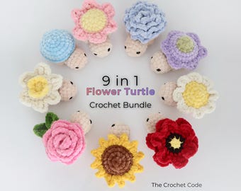9-in-1 No-Sew Mini Flower Turtle Crochet Pattern Bundle - Beginner Amigurumi Turtle Plushie - Digital Download PDF