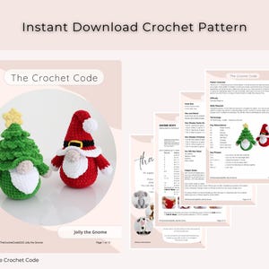 Puede incluir: Imagen de un patr&oacute;n de ganchillo para Jolly the Gnome. El patr&oacute;n incluye instrucciones e im&aacute;genes de un gnomo de &aacute;rbol de Navidad verde y un gnomo de Pap&aacute; Noel rojo. El texto "Instant Download Crochet Pattern" est&aacute; en la parte superior.
