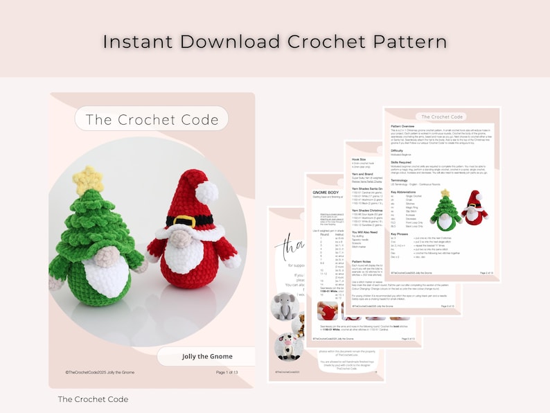 Puede incluir: Imagen de un patr&oacute;n de ganchillo para Jolly the Gnome. El patr&oacute;n incluye instrucciones e im&aacute;genes de un gnomo de &aacute;rbol de Navidad verde y un gnomo de Pap&aacute; Noel rojo. El texto "Instant Download Crochet Pattern" est&aacute; en la parte superior.