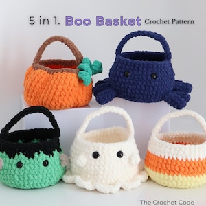 5 in 1 No Sew Boo Basket Crochet Pattern | Halloween Amigurumi Pattern | Frankenstein, Ghost, Pumpkin, Spider & Candy Corn Boo Bag